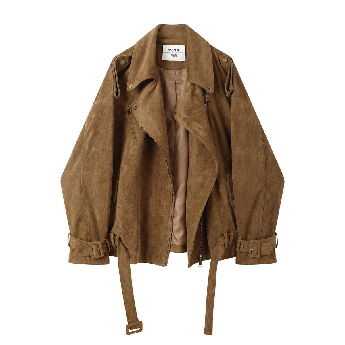 Vintage Suede Fleece-Lined Short Leather Jacket for Women