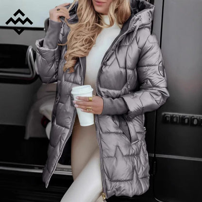Women Hooded Mid-Length Cotton Jacket Solid Color