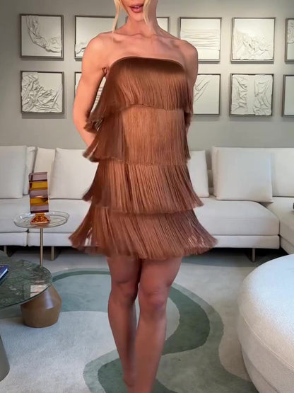 Bruine strapless mini-jurk met gelaagde franjes