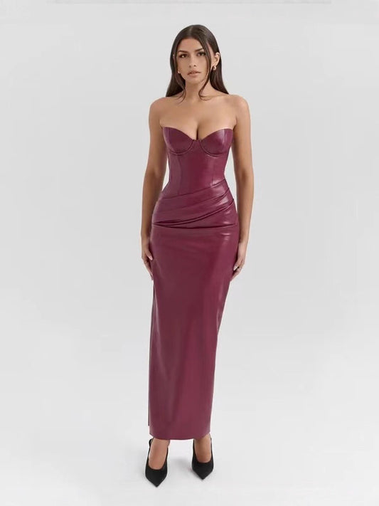 Women's PU Leather Strapless Slit Bodycon Evening Dress