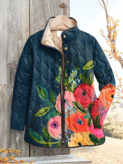 Women's Pleated Floral Digital Print Cotton Jacket Long Sleeve Stand Collar Outerwear