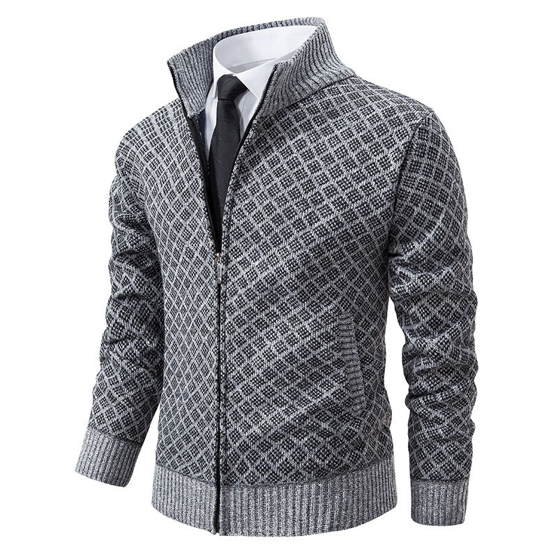 Autumn and Winter Velvet Thickeneded Casual Cardigan Sweater Men's Stand-Up Collar Outer Hooded Zipper Knitted Sweater Jacket
