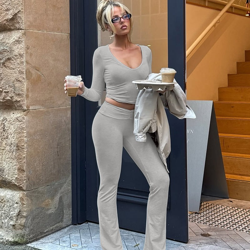 2-Delige Dames Set Top Met Lange Mouwen En Broek Met Wijde Pijpen