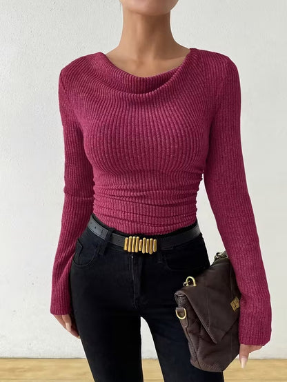 Women's solid-color long-sleeved knitted pullover sweater