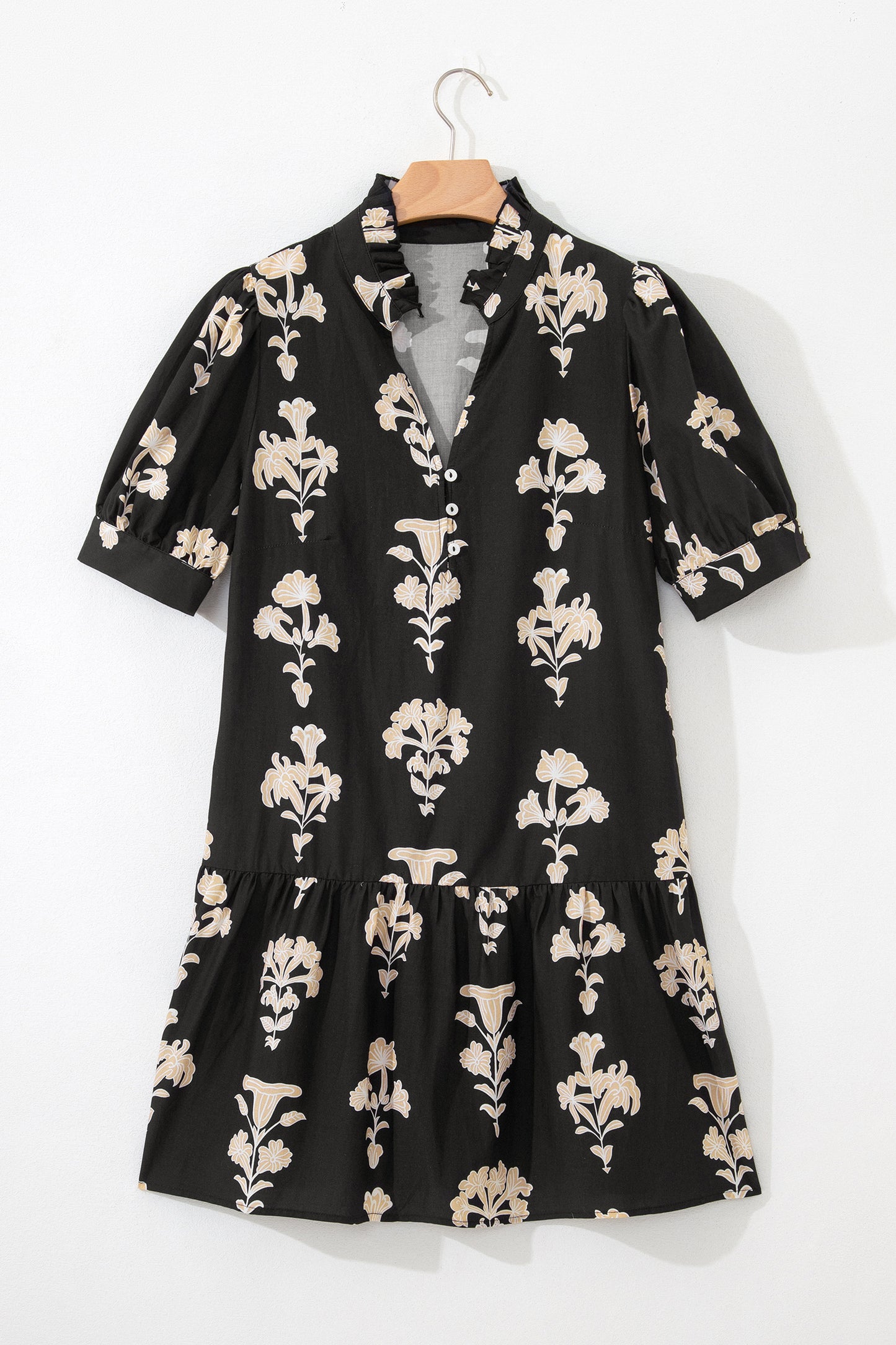 Mini-jurk met ruches V-hals pofmouwen en bloemenprint