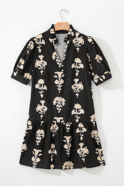 Mini-jurk met ruches V-hals pofmouwen en bloemenprint