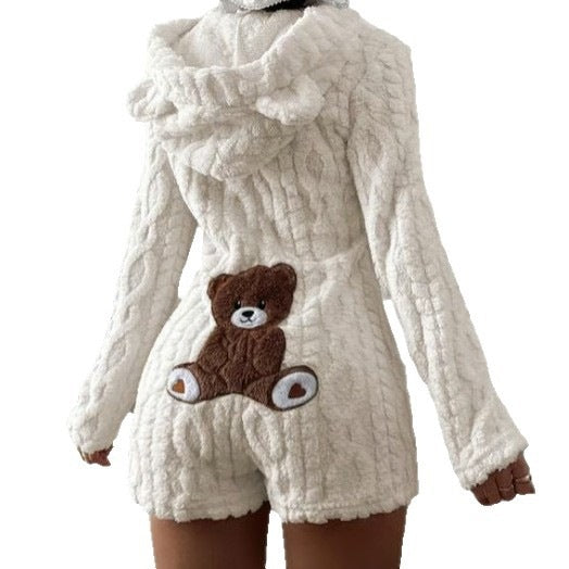 Womens Casual Plush Hooded Jumpsuit