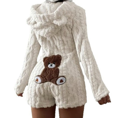 Womens Casual Plush Hooded Jumpsuit