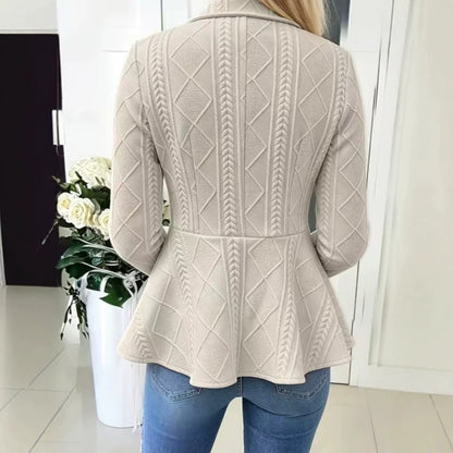 Women's Diamond Pattern Knit Cardigan with Ruffle Hem and Gold Buttons