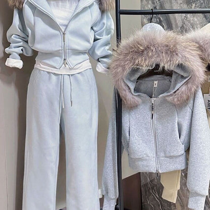 Fleece-Lined Thick Hooded Sweatshirt Jacket Pants Two-Piece Set
