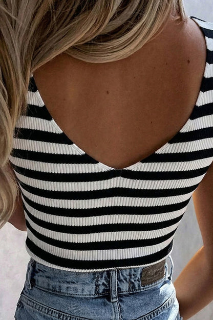 Wit gestreept mouwloze V-hals geribde tanktop met lage rug