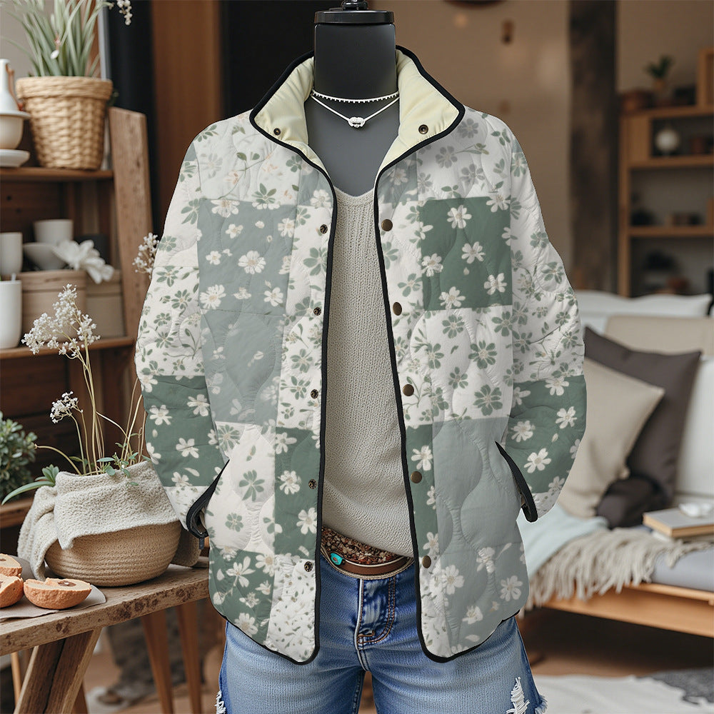 Women's Pleated Floral Digital Print Cotton Jacket Long Sleeve Stand Collar Outerwear