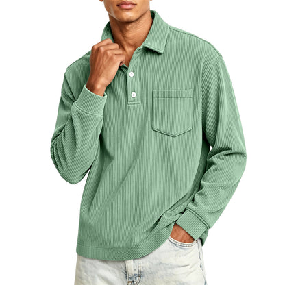 Heren corduroy poloshirt met halve knoopsluiting en lange mouwen
