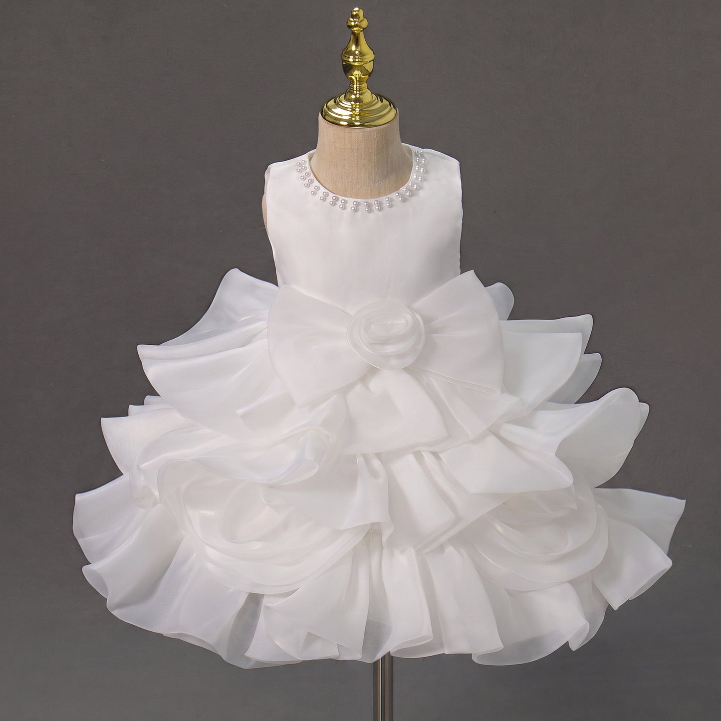 Girls Princess Dress with 3D Roses and Bow Tiered Tulle Birthday Party Gown