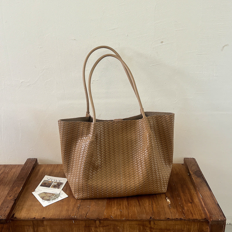 Cross-border 2026 New Autumn Niche Simple Woven Shoulder Handbag for Women, Daily Casual Large Capacity Tote Bag