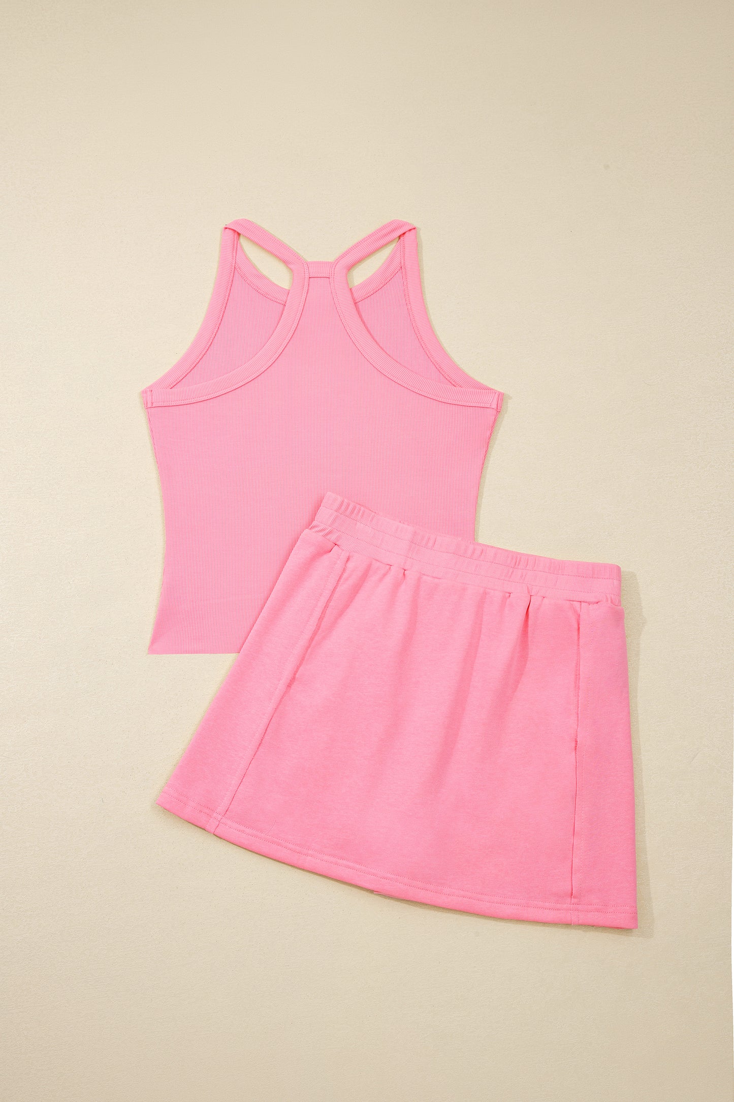 Geribde slim-fit tanktop en minirok met elastische taille 2-delige set