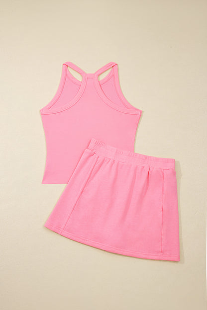 Geribde slim-fit tanktop en minirok met elastische taille 2-delige set