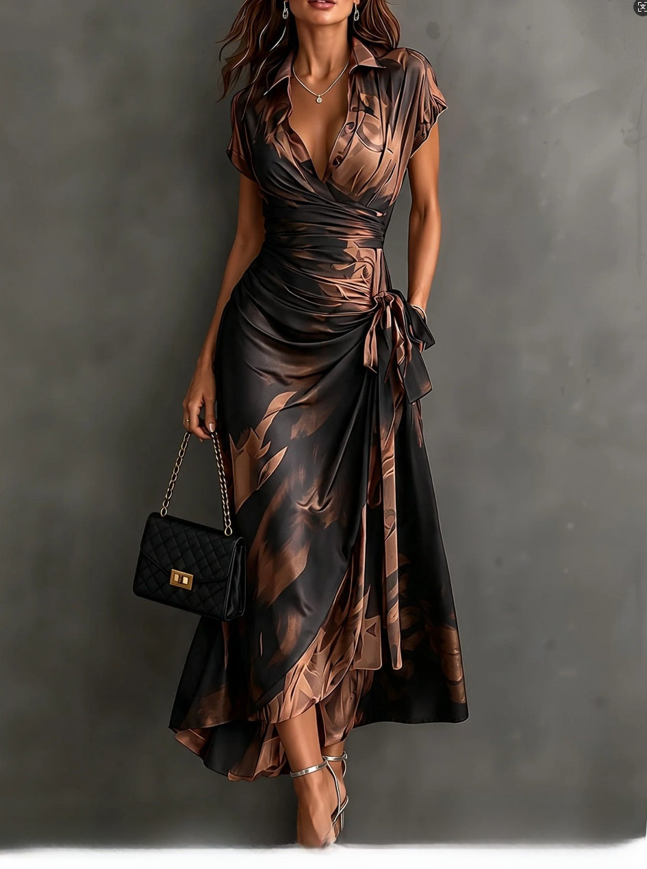 Elegant printed short-sleeved lace-up dress