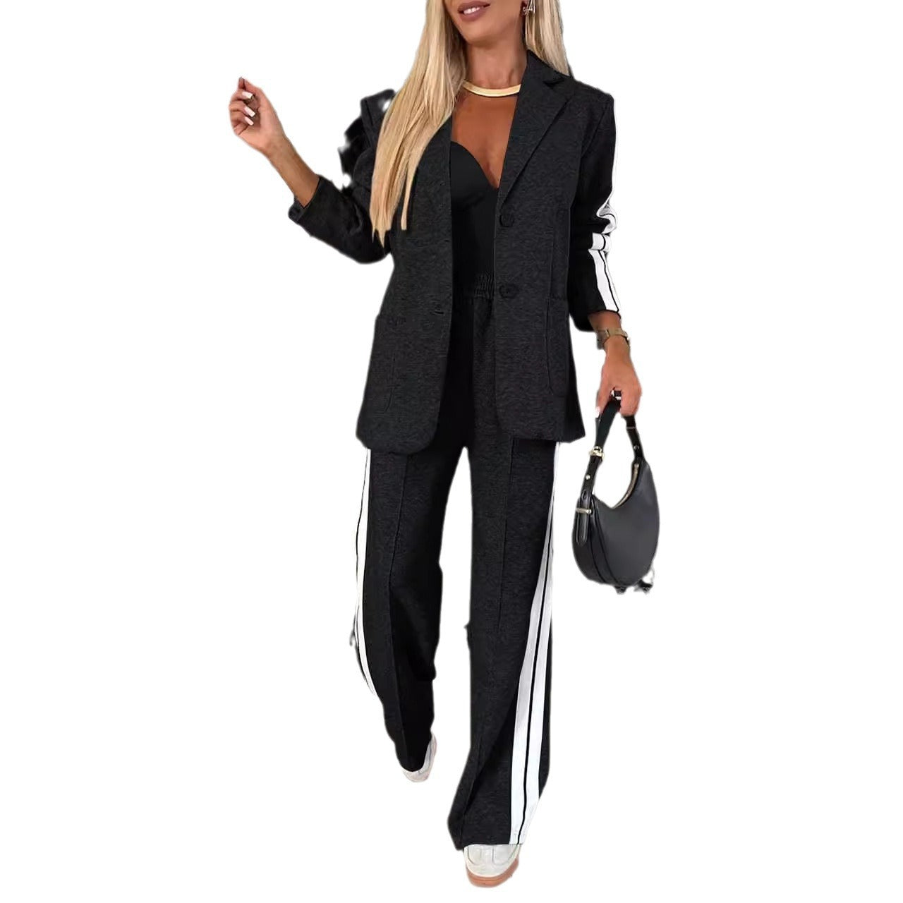 Damespak met strepen lange mouwen en revers casual set