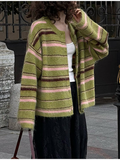 Women's Striped Color-Block Knit Cardigan Top