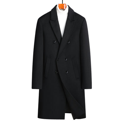 Men Woolen Coat Double Breasted Suit Collar Mid Long Jacket