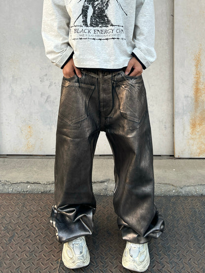 Distressed Brushed Wax Pocket Jeans Straight Wide Leg