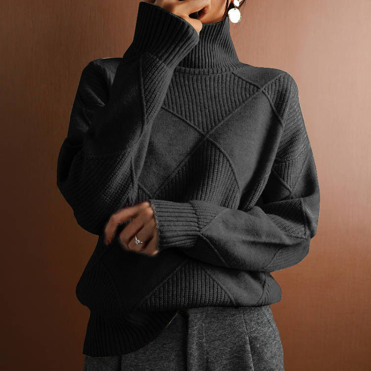 Womens Solid Color High Neck Diamond Pattern Loose Knitwear Sweater