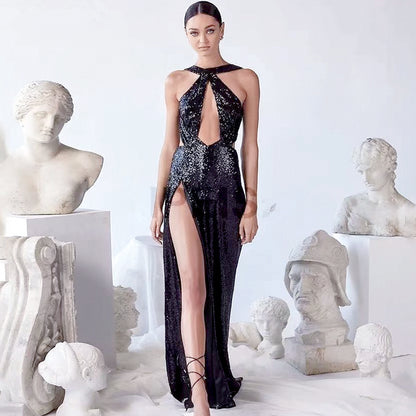 2025 Cross-Border Spring Sexy Party Sequined Irregular Temperament Evening Dress Women's European and American Amazon Halter Dress