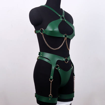 Adjustable PU Leather Bondage Jumpsuit with Chains