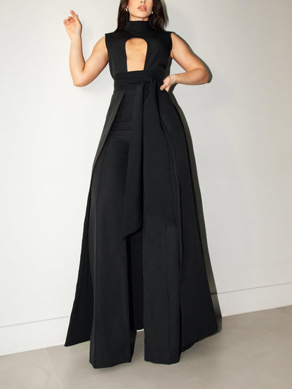 Zwarte mouwloze vetertop en hoge taillebroek set