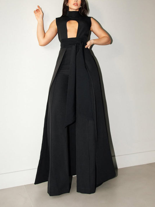 Zwarte mouwloze vetertop en hoge taillebroek set