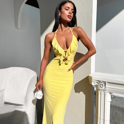 tight-fitting close-fitting solid color hanging neck strap dress