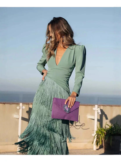 Deep V Tassel Slim Fit Dress