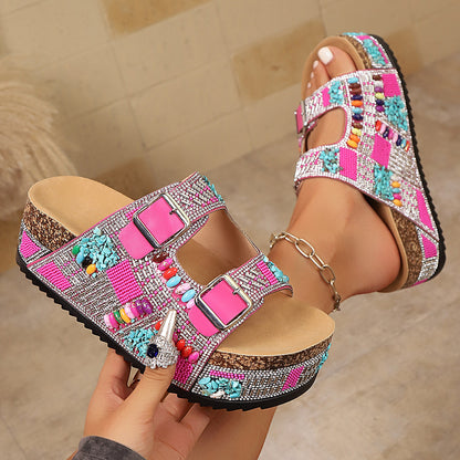 Cork Double-Buckle Rhinestone Sandals