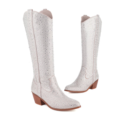 Rhinestone Chunky Heel Denim Boots