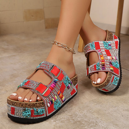 Cork Double-Buckle Rhinestone Sandals