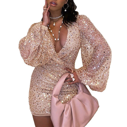 2027 New Cross-Border European and American Women's Clothing Amazon Wish Dress Long-Sleeved V-Neck Sequined Waist-Hugging Short Skirt