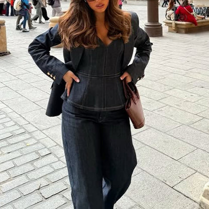 Sierlijke denim 3-delige mantelpak of los