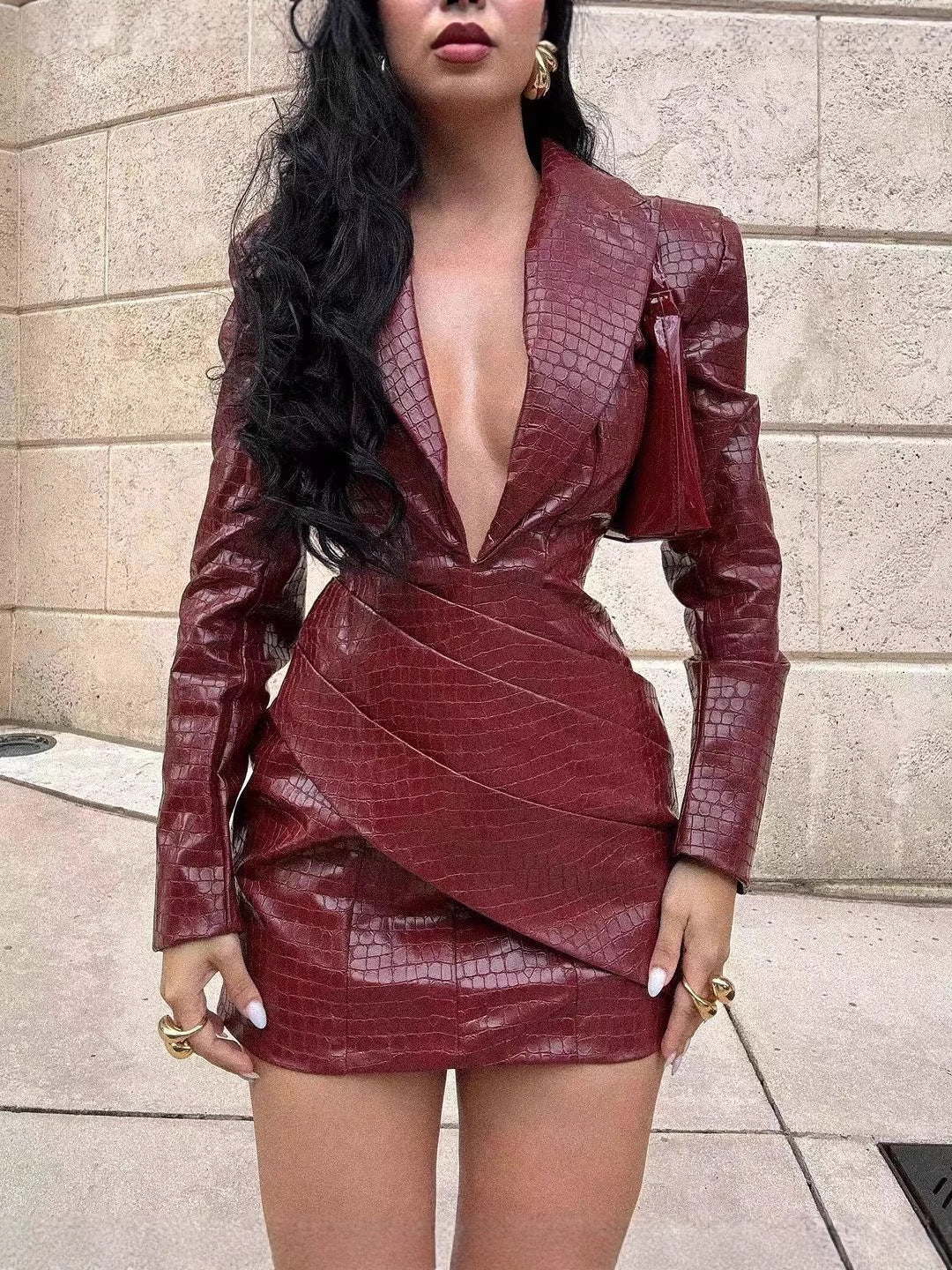 Faux Fur Pleated Deep V Neck Jumpsuit