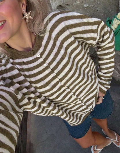 Women's Striped Knit Button-Front Long Sleeve Cardigan