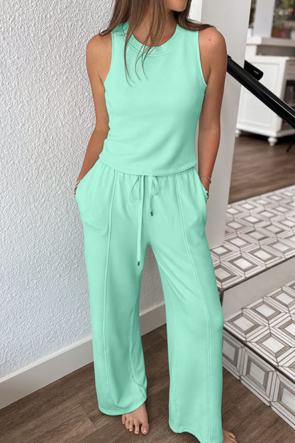 Moonlight Jade tweedelige casual set met elastische tailleband en trekkoord