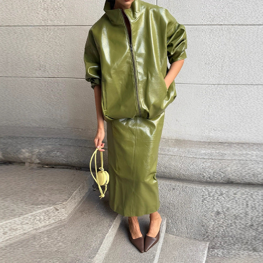 Elegant Leather Jacket and Skirt Set