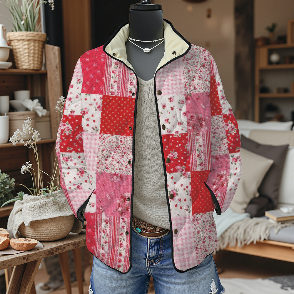 Women's Pleated Floral Digital Print Cotton Jacket Long Sleeve Stand Collar Outerwear