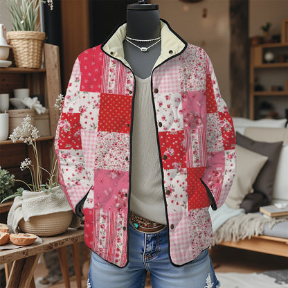 Women's Pleated Floral Digital Print Cotton Jacket Long Sleeve Stand Collar Outerwear