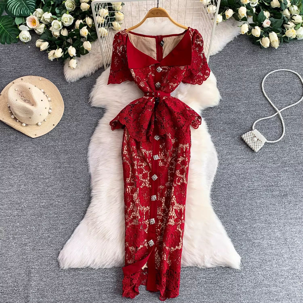 French-Style Hollow Lace Women Dress