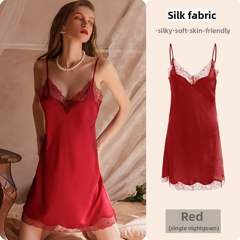 Lace Trim Ice Silk Womens Sleepwear Nightdress