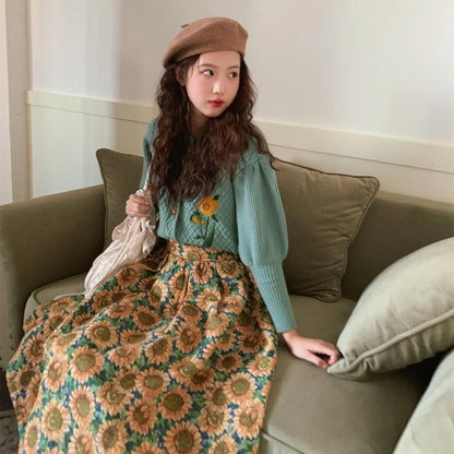 Gebloemde retro jacquard vest en hoge taille midi-rok/ of als set