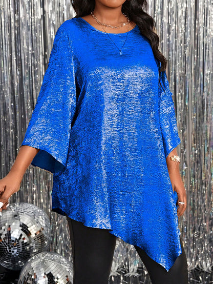 Women Oversized Solid Color Round Neck Asymmetric Top Shirt