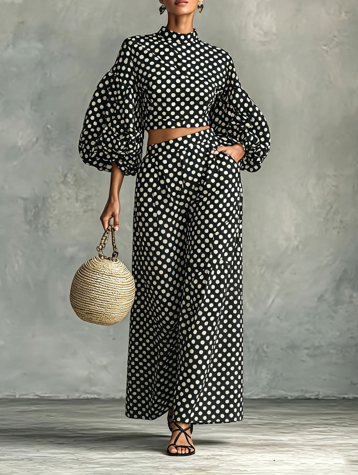 Women's polka dot bubble sleeve top wide leg pants 2 piece set
