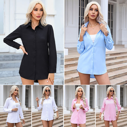 2026 Custom-Made European and American Amazon Export White Shirt for Women, Mid-Length, Bf Style, Loose Long-Sleeved Chiffon Shirt